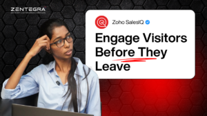 Woman using laptop with Zoho SalesIQ message about engaging website visitors before they leave