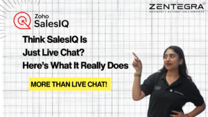 Woman pointing at Zoho SalesIQ concept explaining it is more than just live chat for business automation