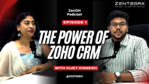Two professionals speaking into microphones in a podcast about the power of Zoho CRM