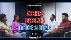 Group discussion about Zoho Books migration and accounting simplification in a podcast-style setup
