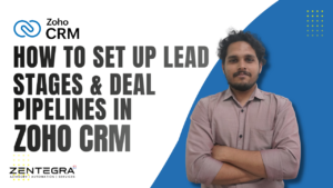 Man presenting Zoho CRM tutorial on setting up lead stages and deal pipelines for sales management