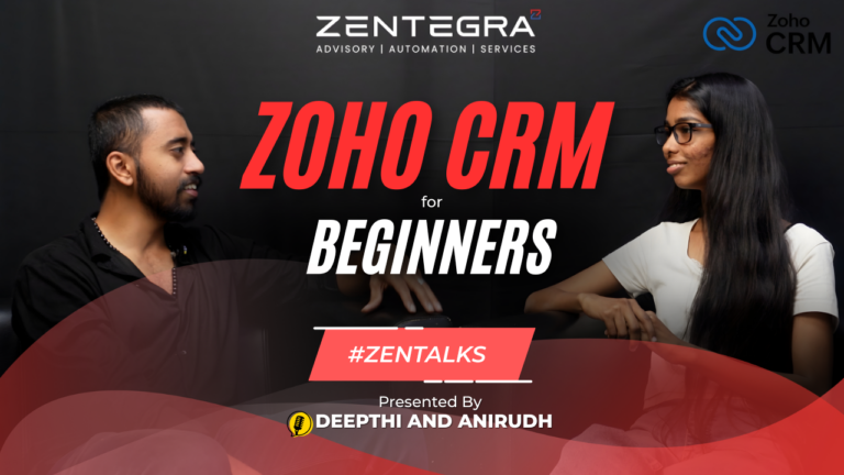 Two professionals discussing Zoho CRM for beginners in a podcast-style conversation setup