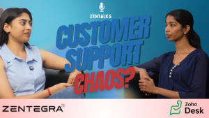 Two professionals discussing customer support challenges and chaos in a podcast-style conversation