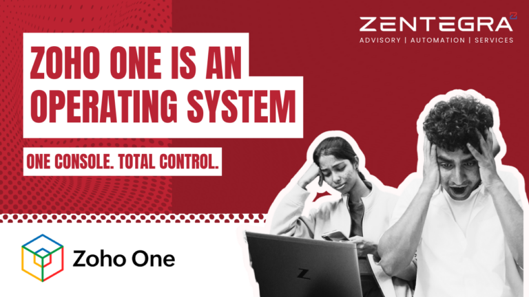 Zoho One operating system concept showing business users managing apps from a single console with Zentegra branding