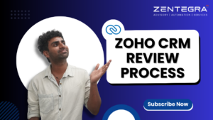 A Zentegra consultant gesturing toward text that reads “Zoho CRM Review Process” on a blue and white business-themed background.