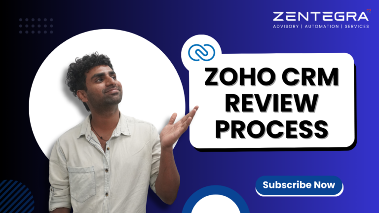 A Zentegra consultant gesturing toward text that reads “Zoho CRM Review Process” on a blue and white business-themed background.