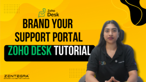 Woman presenting Zoho Desk tutorial on branding a customer support portal for businesses