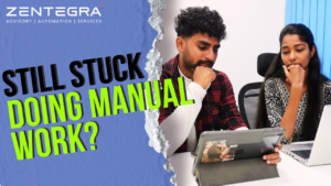 Two professionals looking stressed while working on a tablet and laptop with message about manual work inefficiency