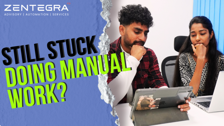 Two professionals looking stressed while working on a tablet and laptop with message about manual work inefficiency