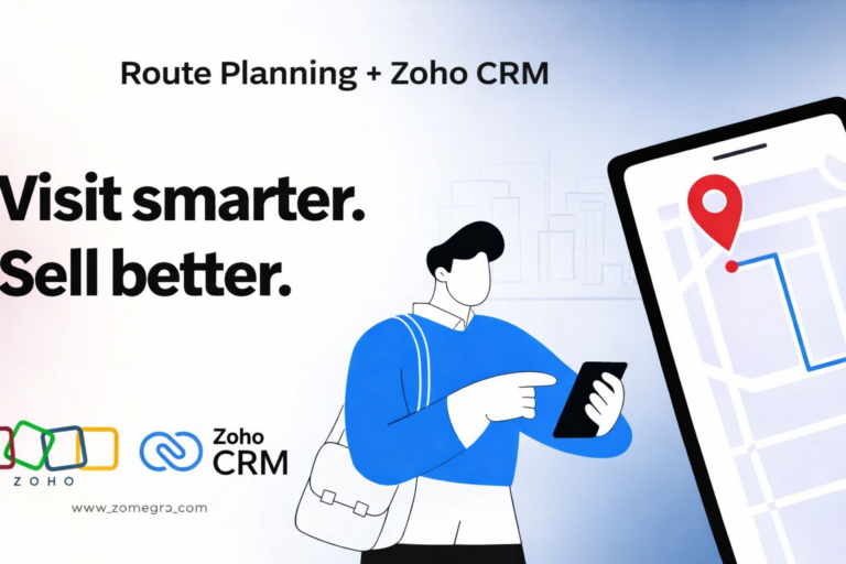 Illustration of route planning with Zoho CRM showing a salesperson using a mobile device for smarter visits and better sales