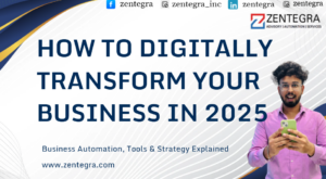 Man holding smartphone with digital business transformation concept and automation tools for 2025