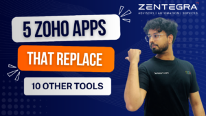 Man pointing toward text about 5 Zoho apps that replace 10 business tools with automation concept