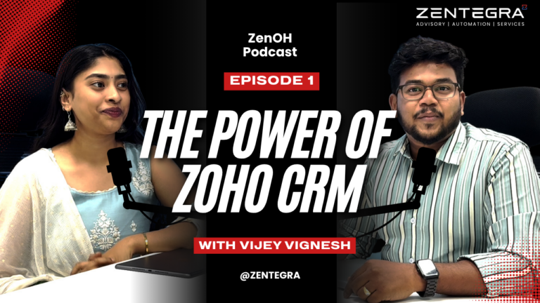 Podcast discussion on the power of Zoho CRM featuring two speakers with microphones
