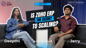 Two professionals discussing Zoho ERP and its role in scaling businesses in a podcast setting