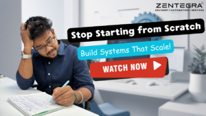 Stressed businessman writing notes with message about building scalable systems instead of starting from scratch