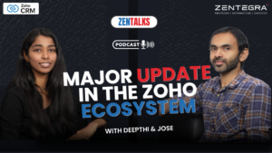 Two podcast hosts, Deepthi and Jose, discussing a major update in the Zoho ecosystem, with Zoho CRM branding and ZENTEGRA logo displayed on a dark-themed podcast thumbnail.