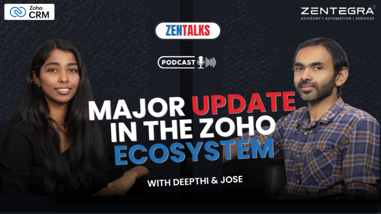 Two podcast hosts, Deepthi and Jose, discussing a major update in the Zoho ecosystem, with Zoho CRM branding and ZENTEGRA logo displayed on a dark-themed podcast thumbnail.