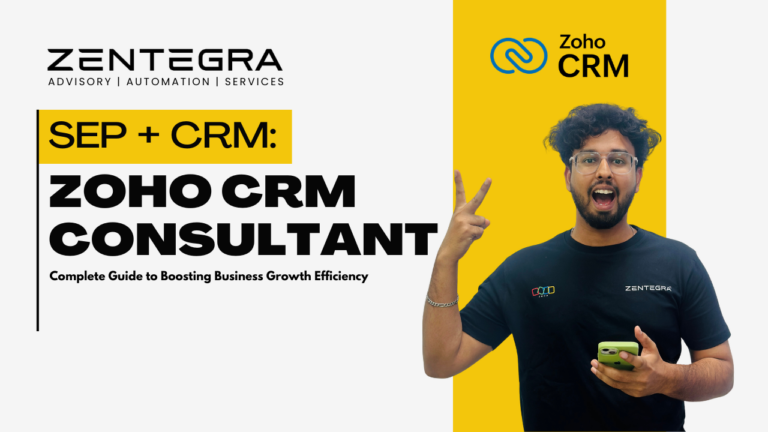Zentegra Zoho CRM consultant service banner showing expert explaining CRM solutions for business growth and efficiency