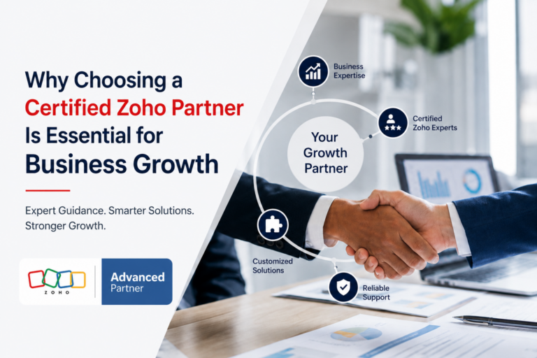 Professional business banner showing a handshake between two professionals with Zoho Premium Partner branding, highlighting certified Zoho expertise, customized solutions, reliable support, and business growth.
